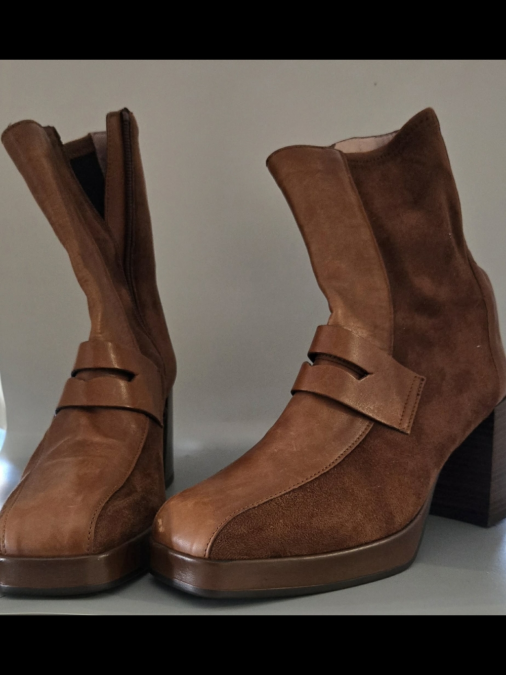 Brown Leather & Suede Women's Block Heel Boots Hispanitas